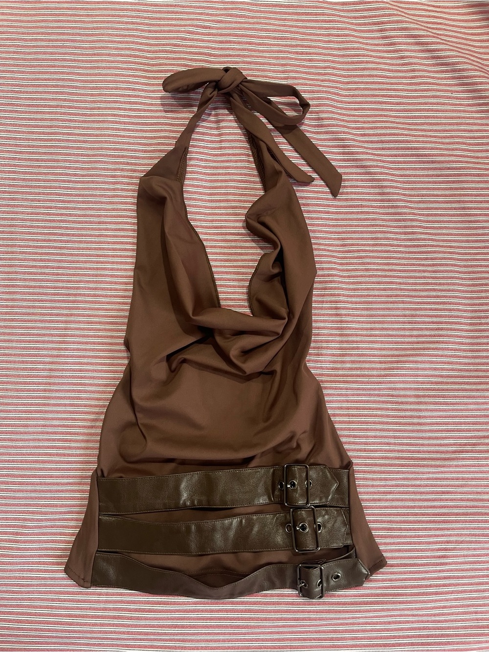 Edikted One-Shoulder Brown Halter Dress with Belted Straps